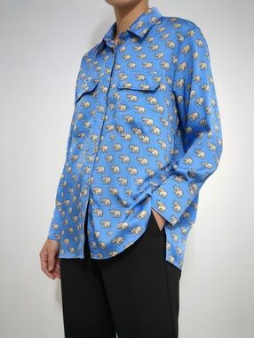 Zara Blue Elephant Print Satin Button-Up Shirt Relaxed Fit Silky Blouse Size S